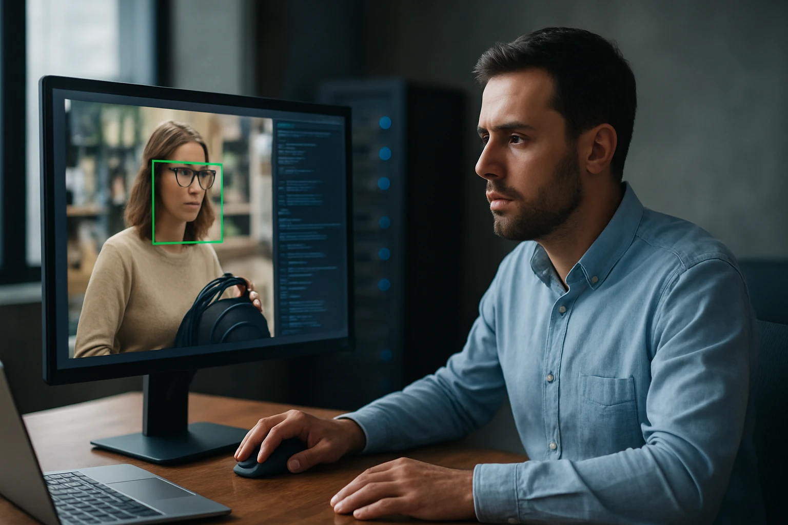 A focused man using a computer, analyzing a video call with a woman wearing glasses.