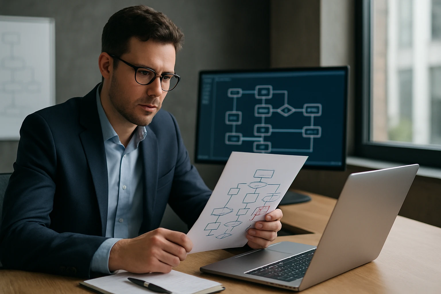 A man in a suit analyzing a flowchart while working on a laptop.