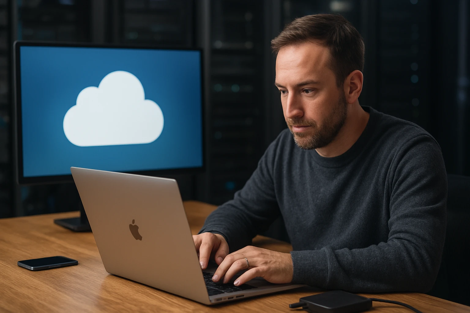 A man working on a laptop with an iCloud logo displayed on a monitor.