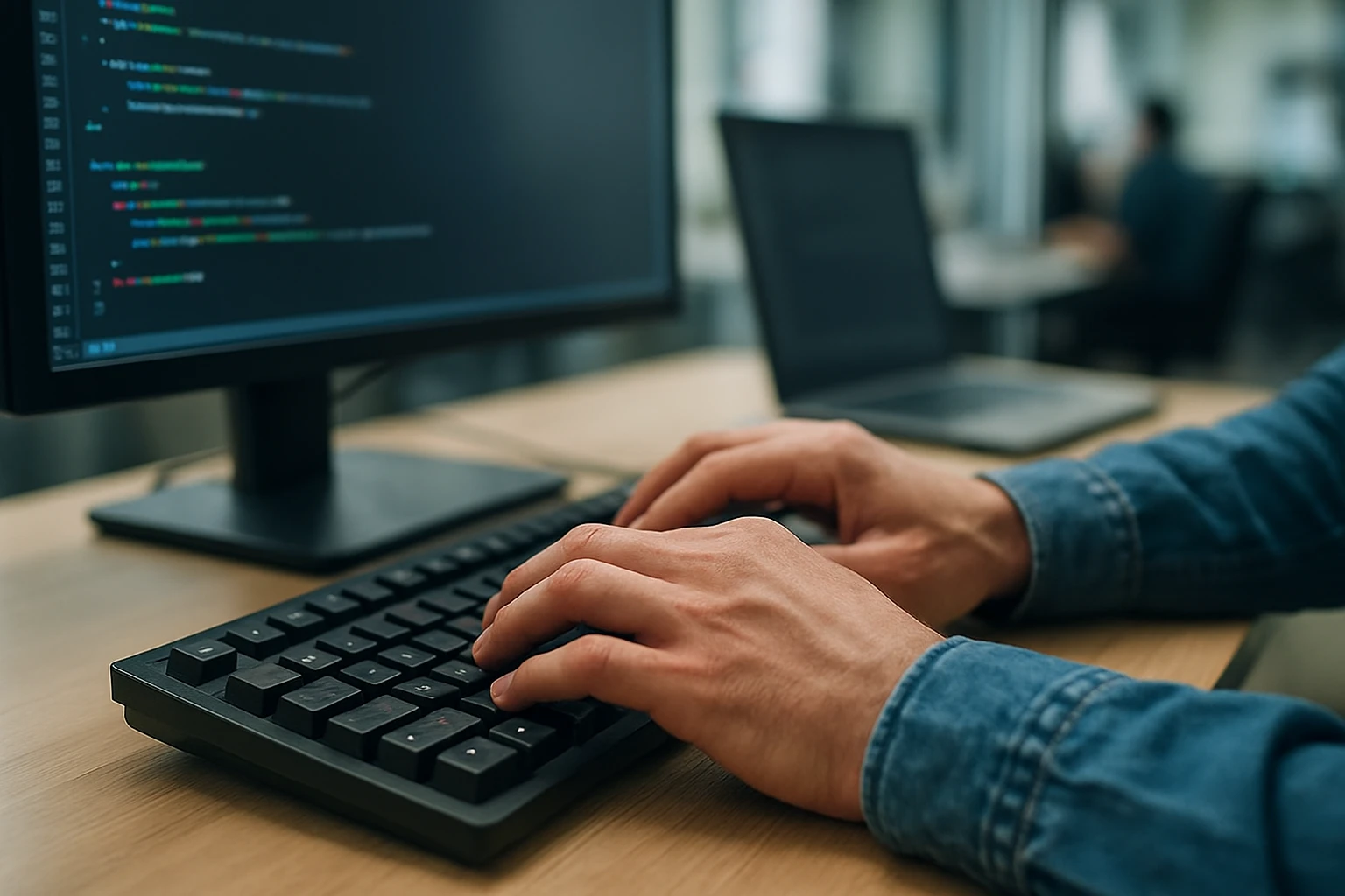 A person typing on a keyboard with code displayed on a monitor.
