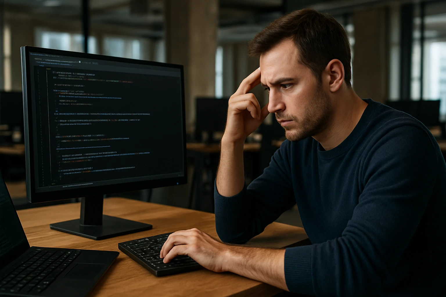 A focused man coding on a computer, deep in thought in a modern office.