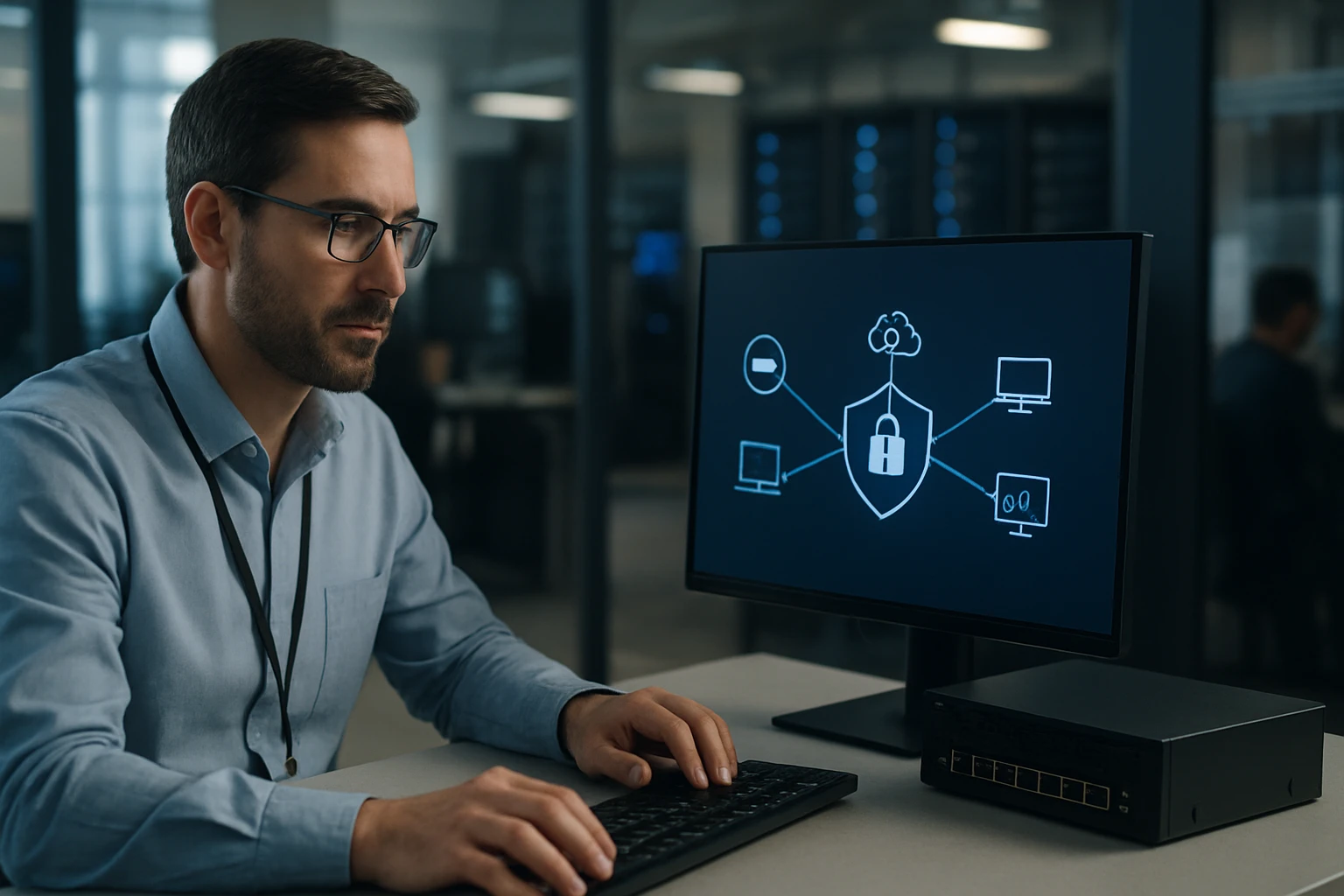 A man working at a computer, focused on cybersecurity graphics on the screen.