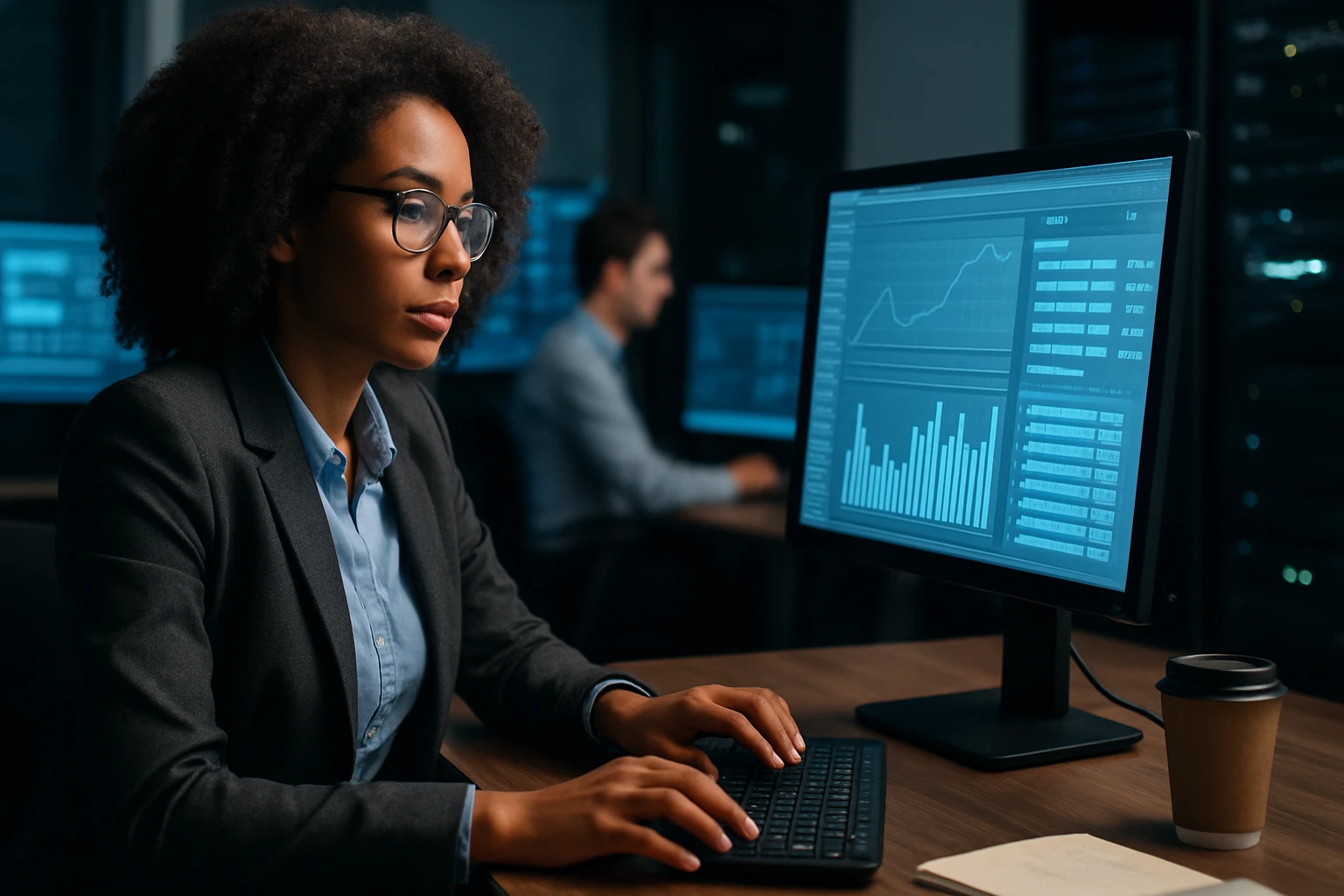A focused woman in a suit analyzes data on a computer screen at night.