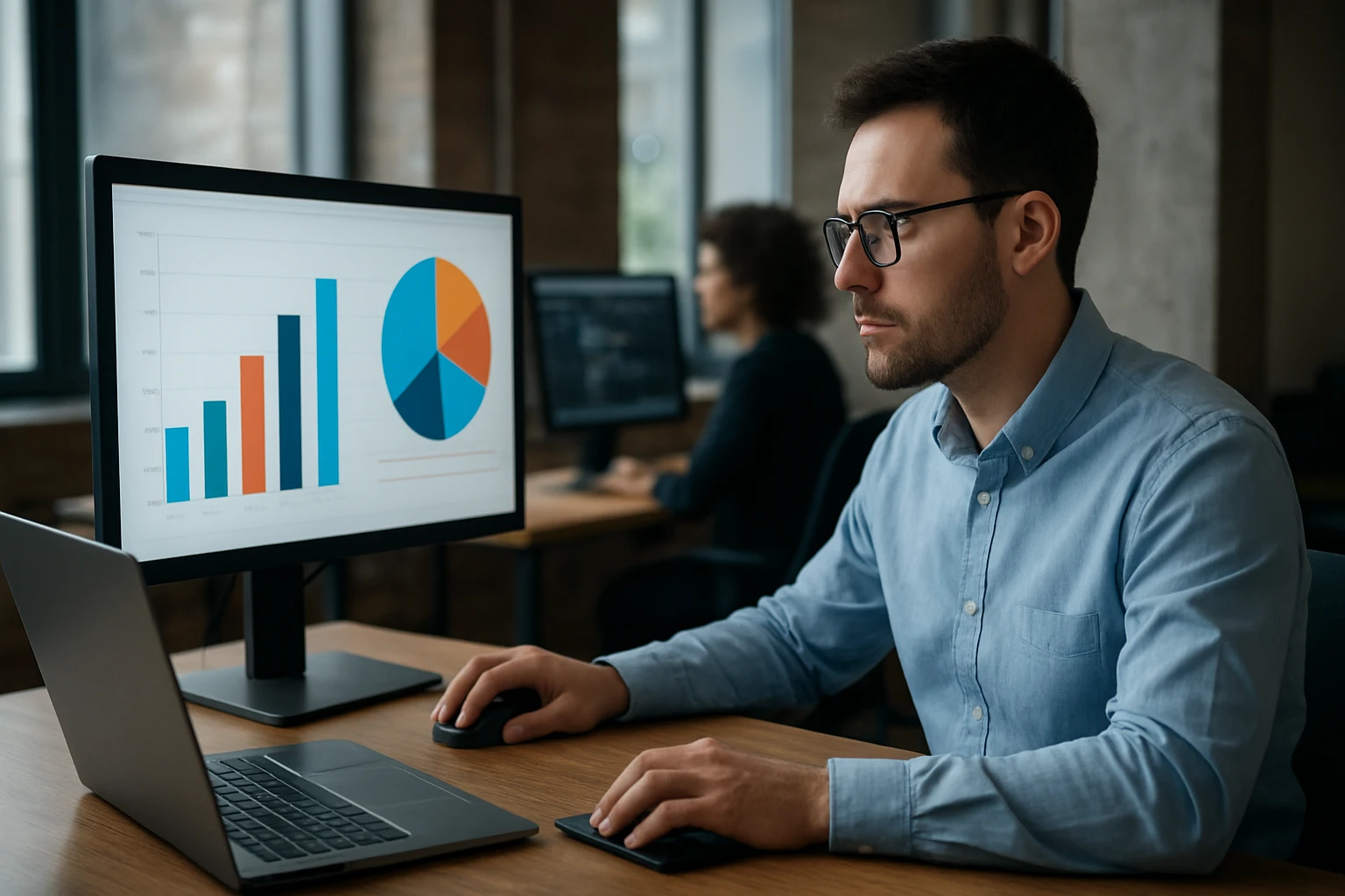 A man analyzes data on a computer screen displaying graphs and charts.