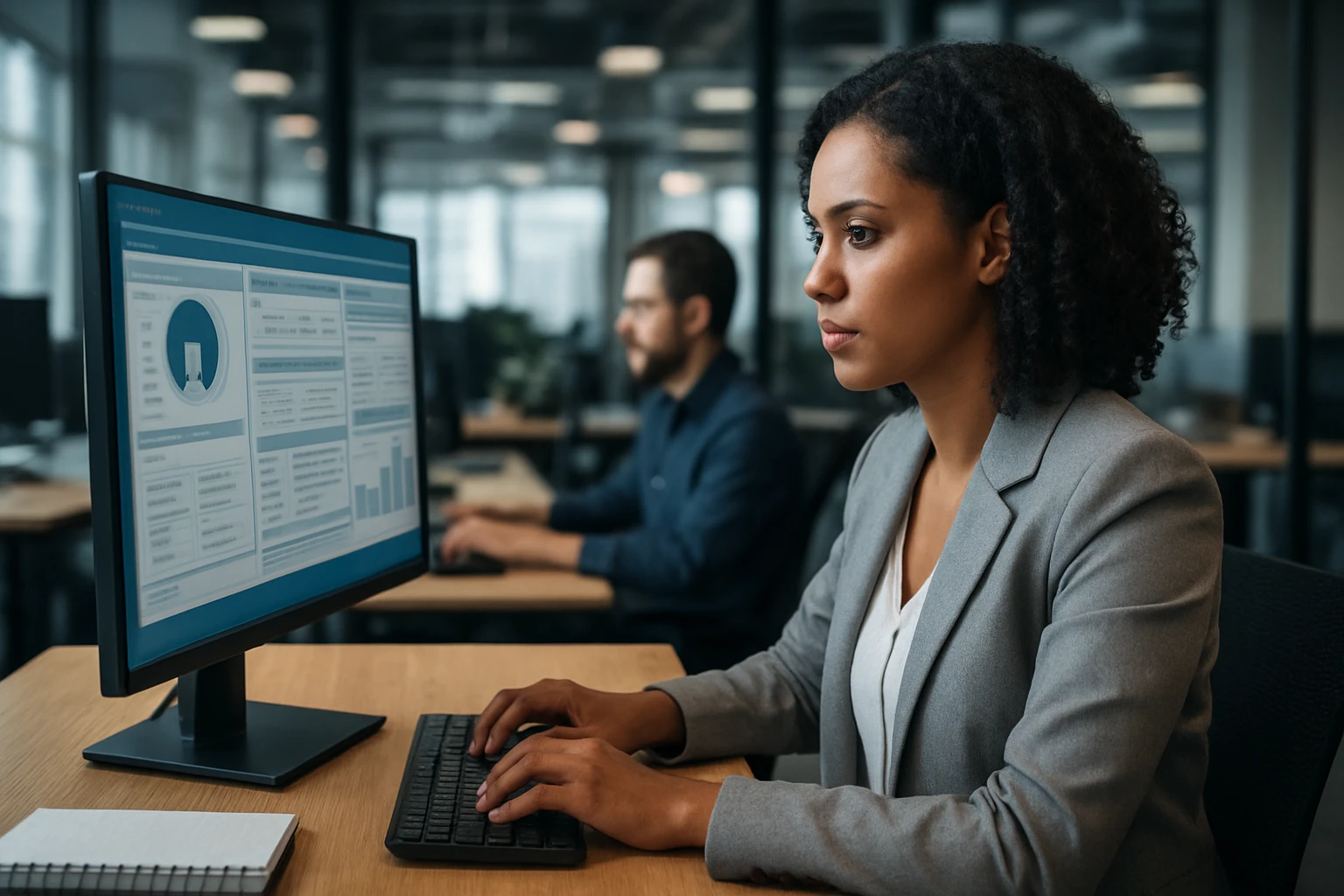 A woman in a gray blazer focused on a computer screen displaying data analytics.