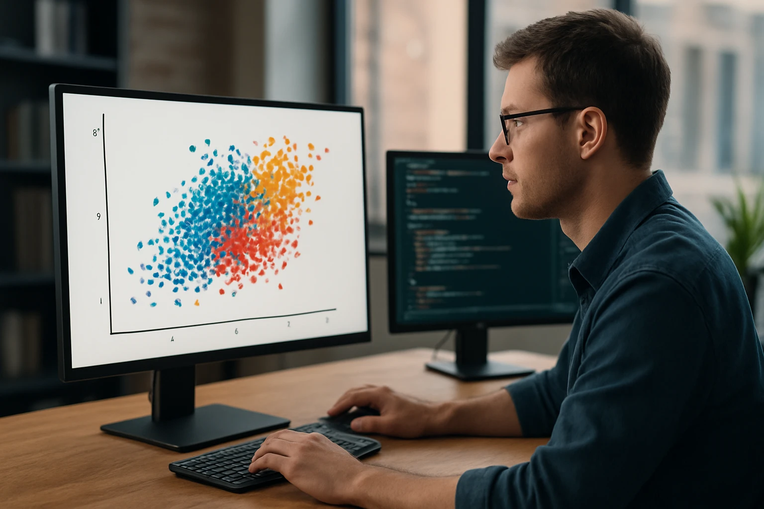 A man analyzing a colorful scatter plot on a computer screen.