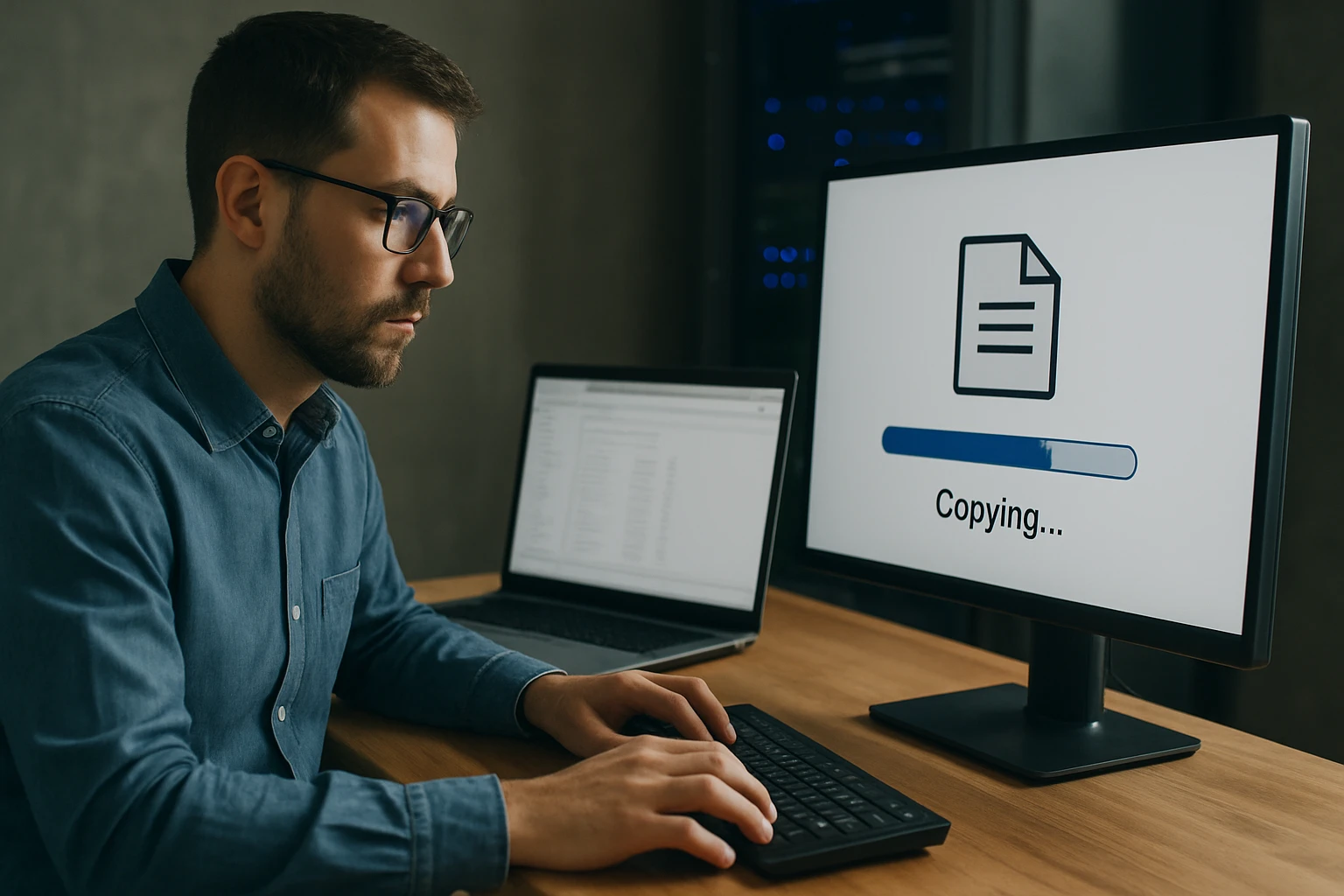 A man focused on a computer screen displaying a file copying progress bar.