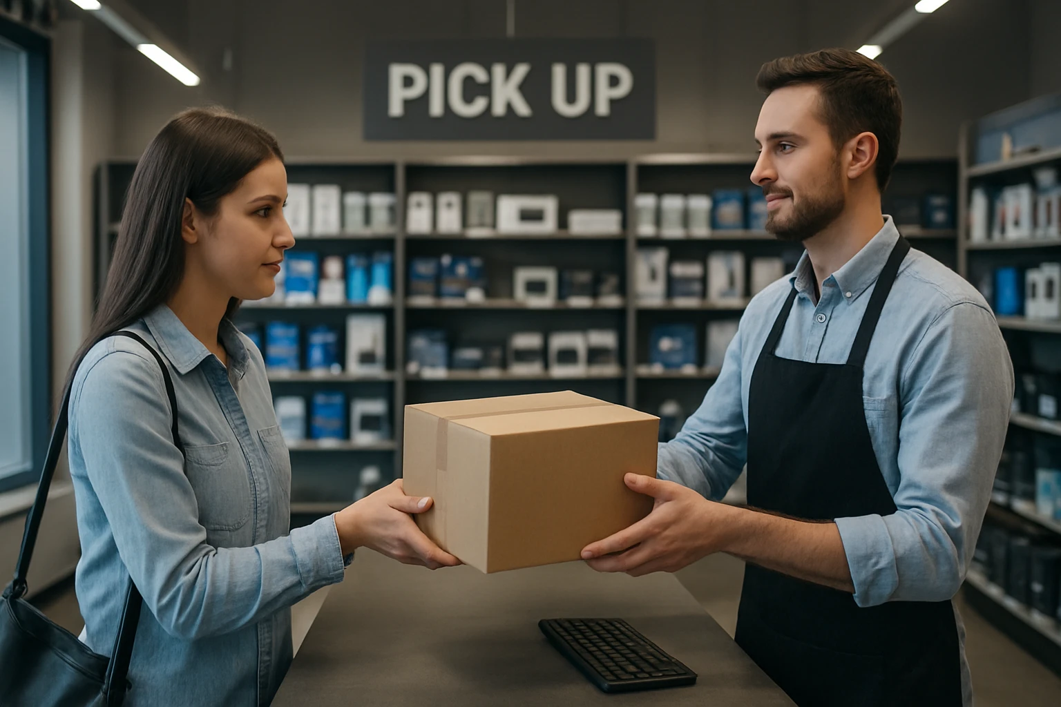 A customer receiving a package from a store employee at a pickup counter.