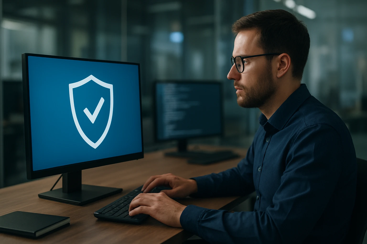 A man working on a computer with a security shield icon on the screen.