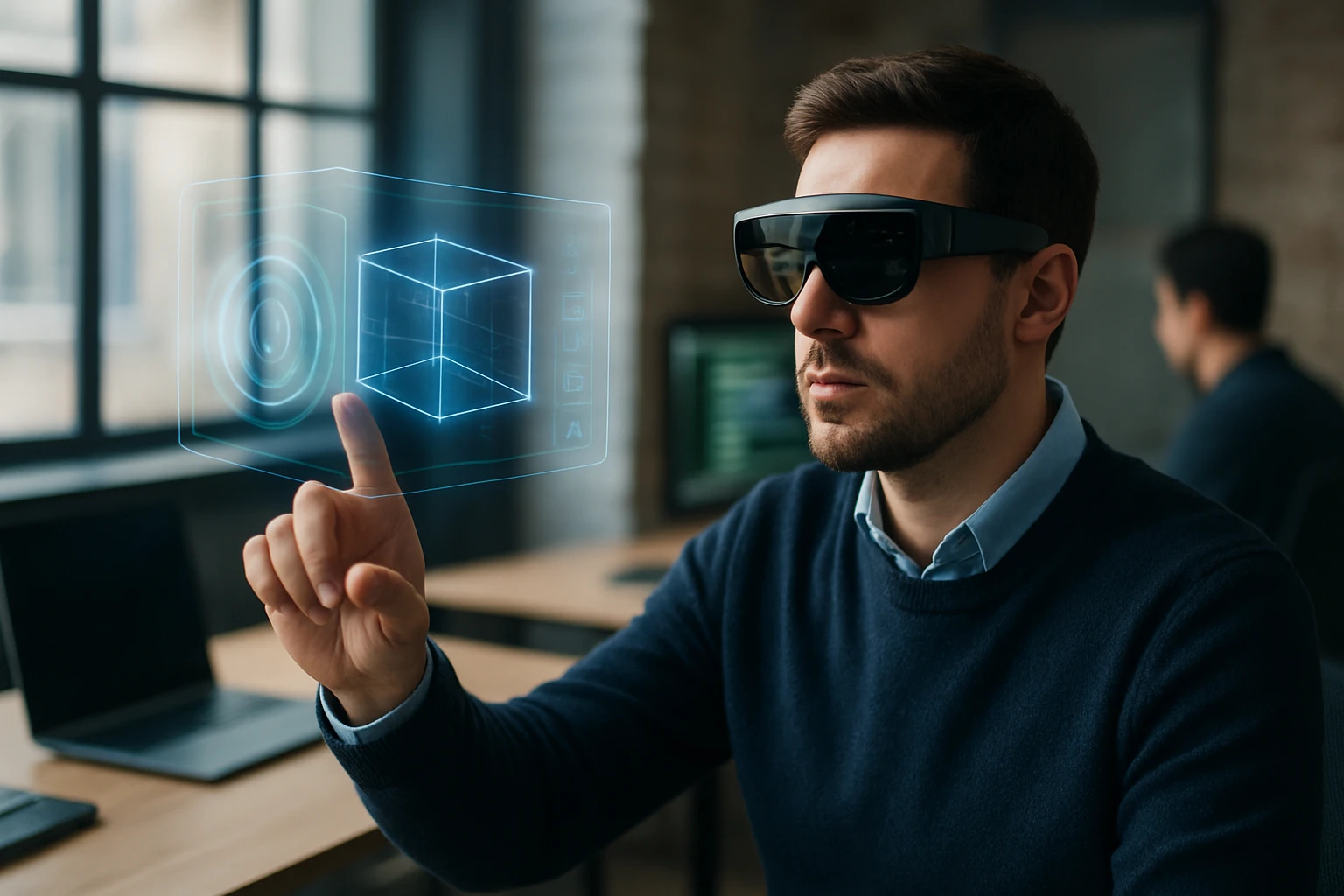 A man wearing augmented reality glasses interacts with a holographic cube.