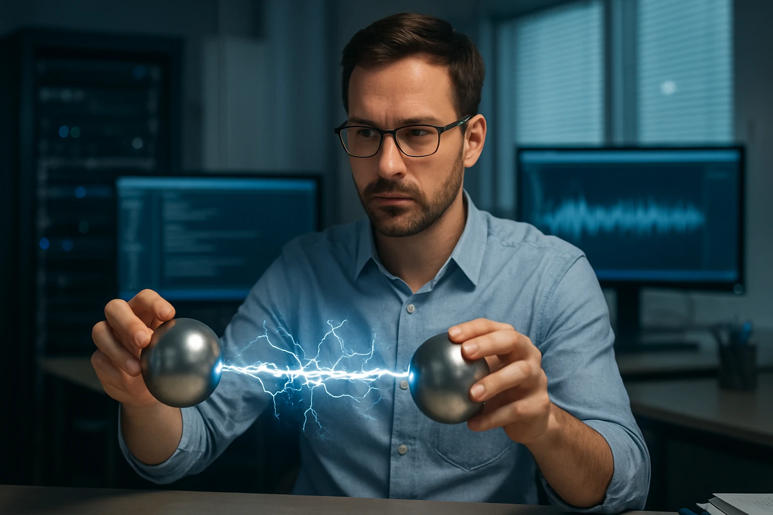 A man in a blue shirt holds two metallic spheres generating electric arcs between them.