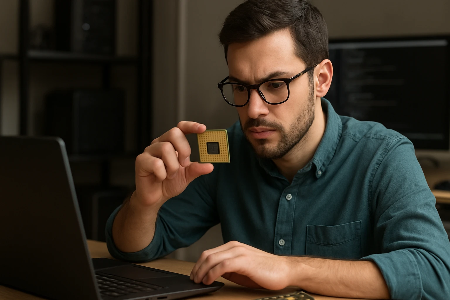 A man examines a computer processor while sitting at a laptop.
