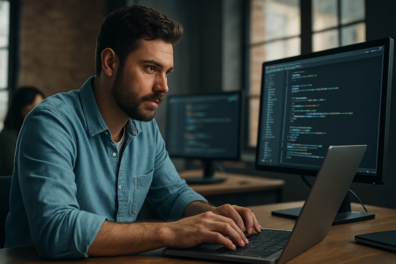 A focused man coding on a laptop with multiple monitors displaying code.