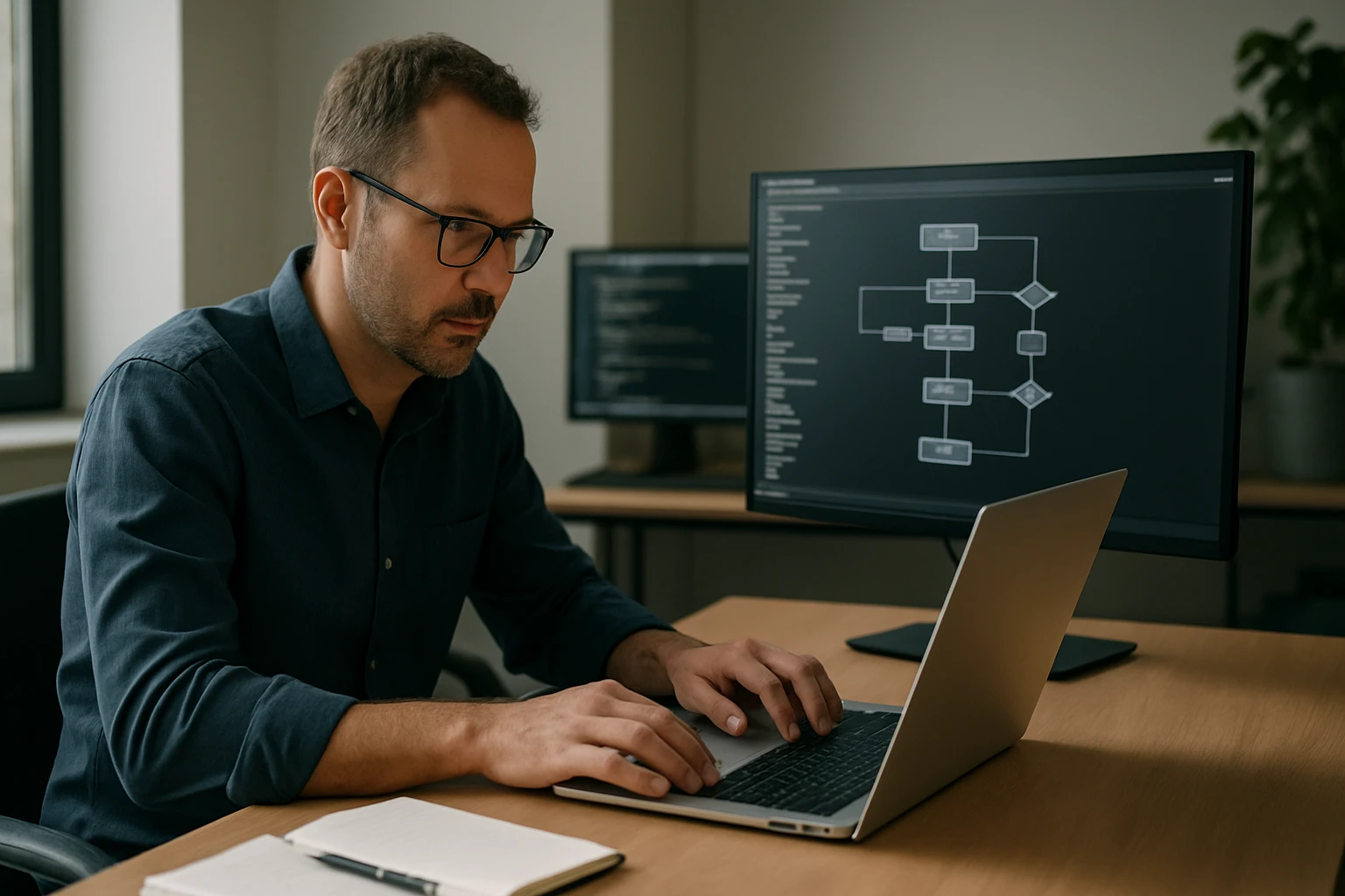 A man working on a laptop with flowcharts displayed on a monitor.