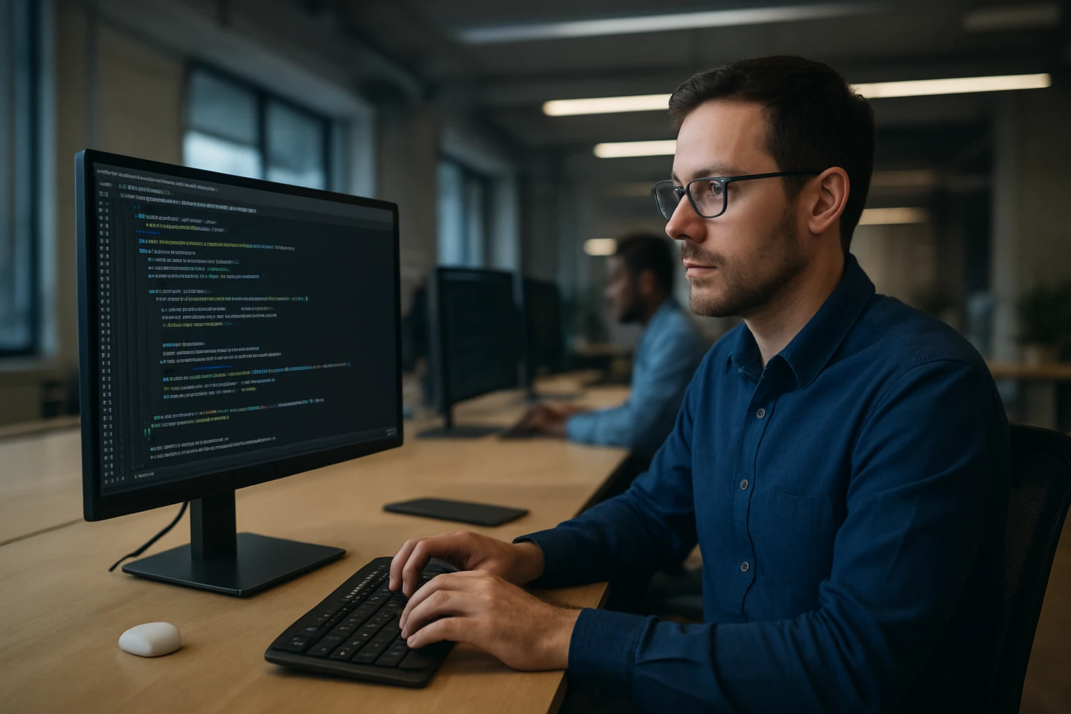 A focused programmer typing on a keyboard in a modern office environment.