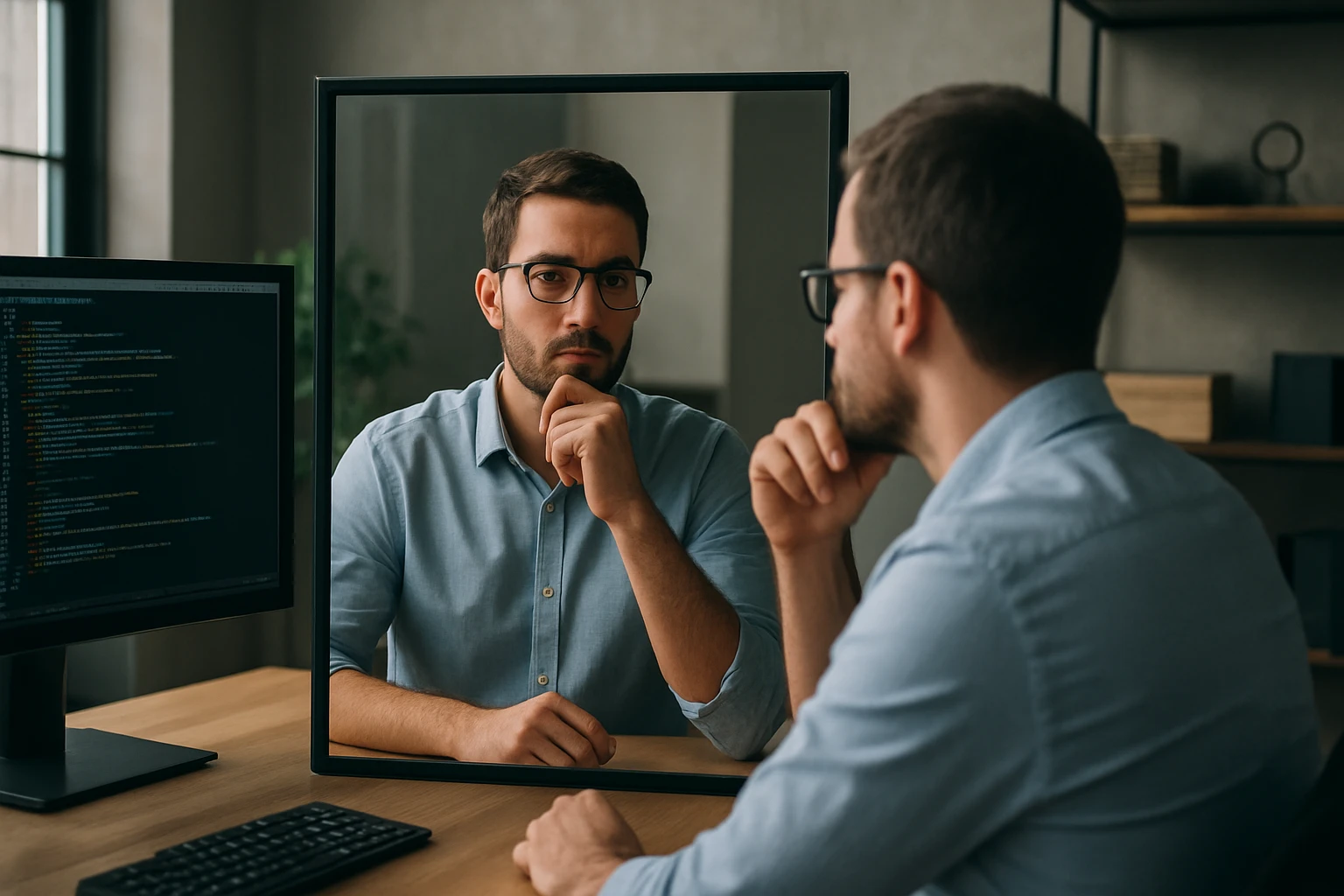 A thoughtful man in a blue shirt gazes into a mirror, reflecting on his work.