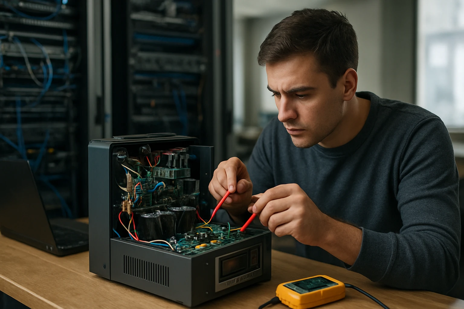 A technician repairs a circuit board inside a device using multimeter probes.