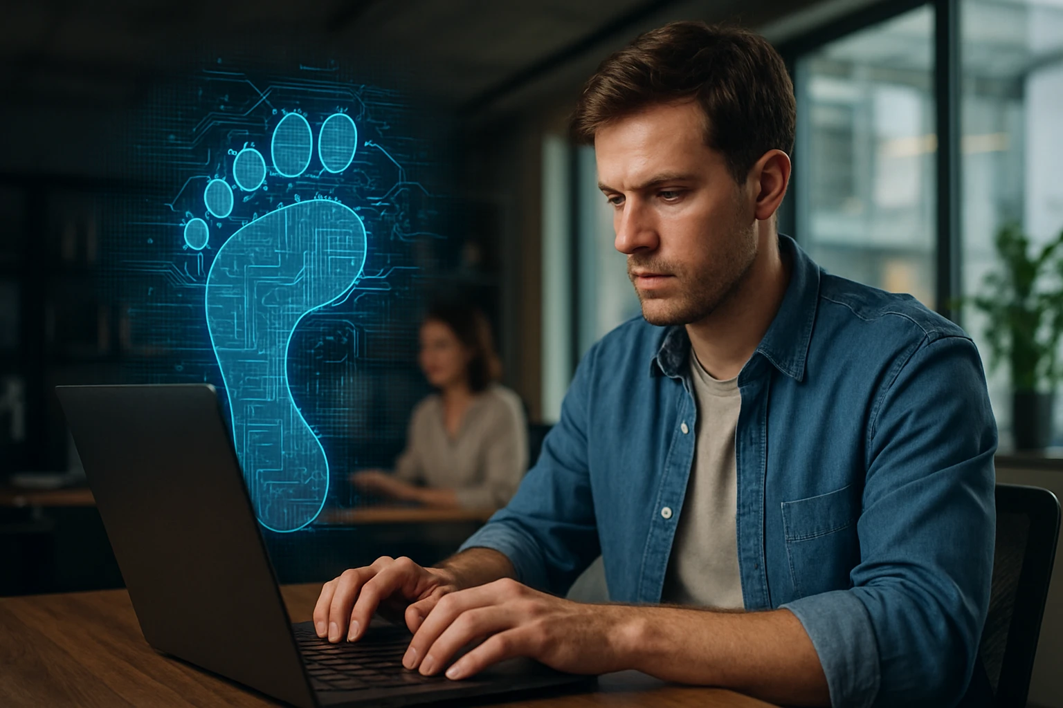 A focused man types on a laptop, with a digital footprint graphic above.