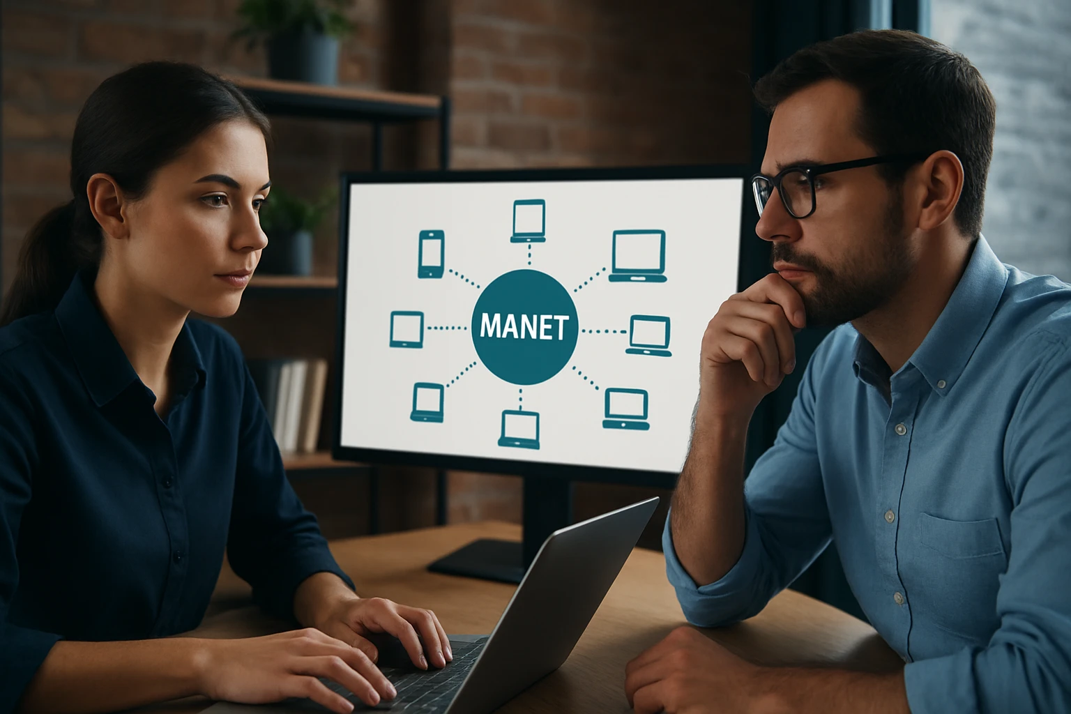 A woman and a man discussing a MANET concept with a laptop and monitor.