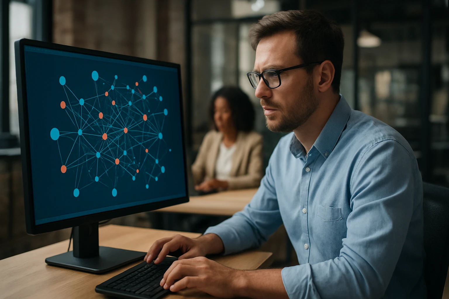 A man focused on a computer screen displaying a network diagram with colorful nodes.