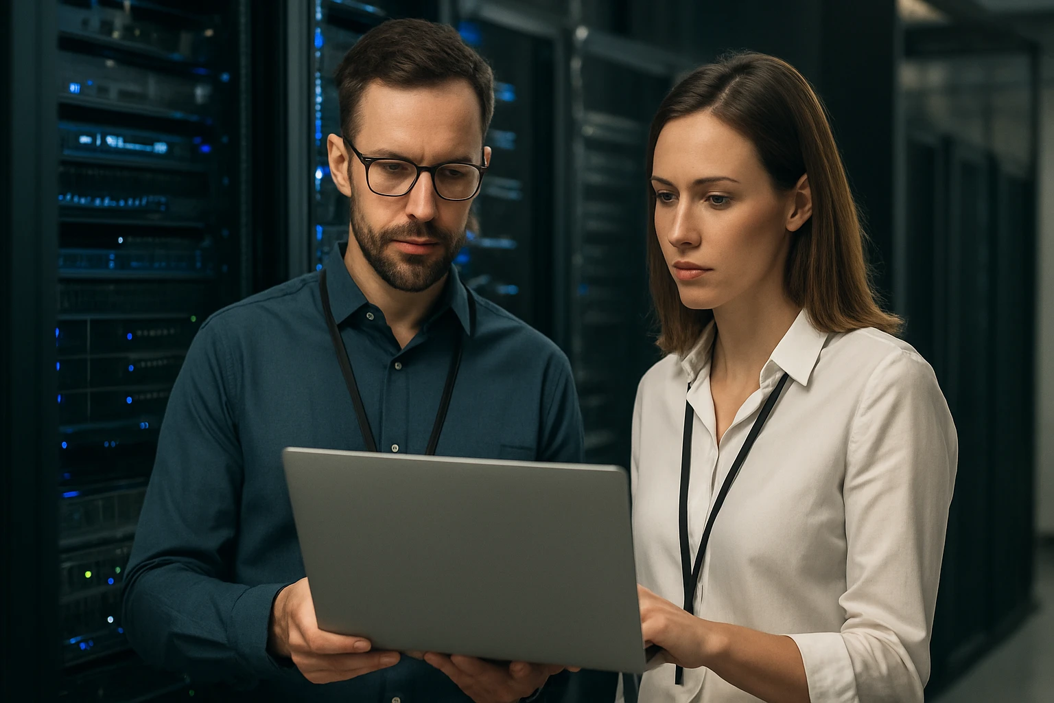 A man and woman analyze data on a laptop in a server room.