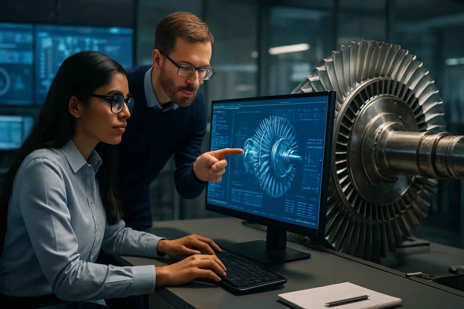 A woman and a man analyze a digital turbine model on a computer screen.