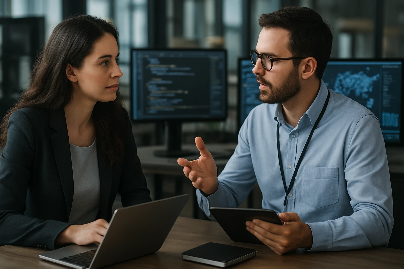 A man and a woman discussing technology in a modern office setting.