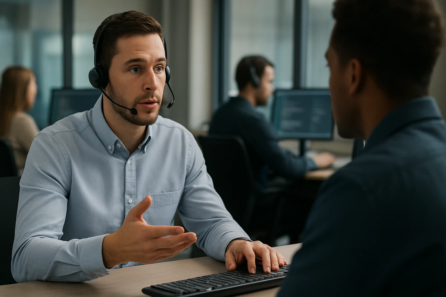 A customer service representative assists a client in a modern office.