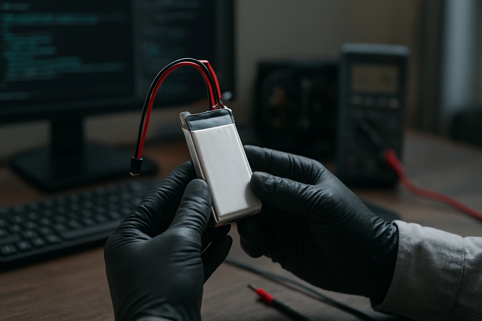 A person wearing gloves holds a lithium battery with wires in a tech workspace.