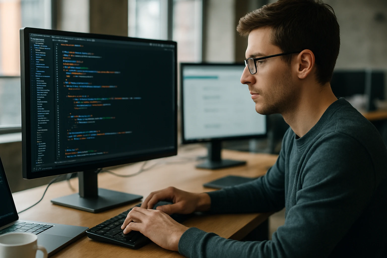 A focused programmer typing code on a keyboard in a modern office.