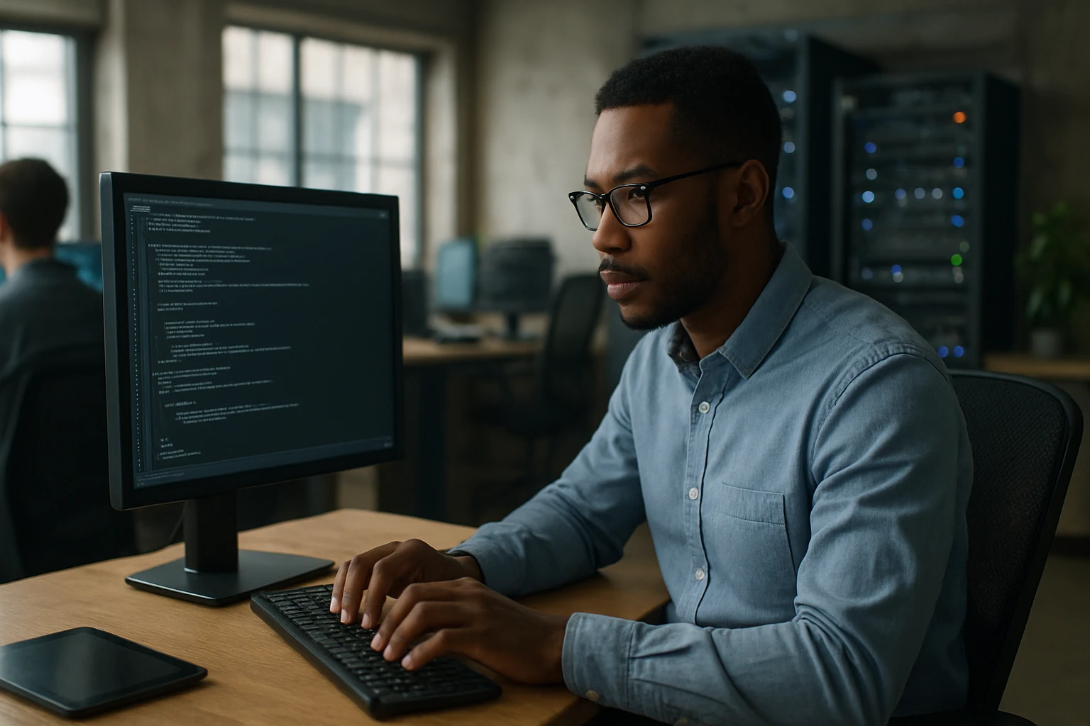 A focused individual coding on a computer in a modern office environment.