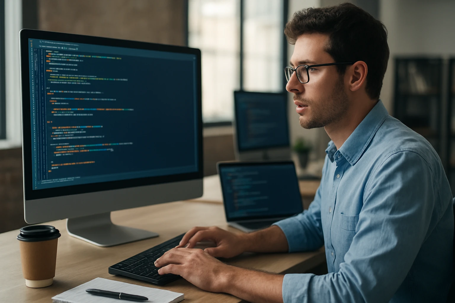 A young man coding on a computer, focused on the screen displaying code.