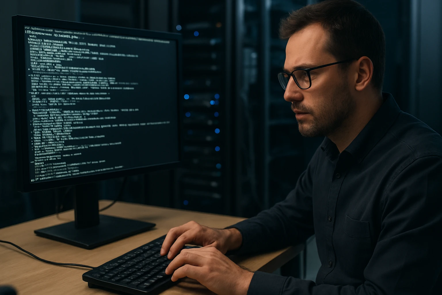 A focused programmer typing on a keyboard in a dimly lit server room.