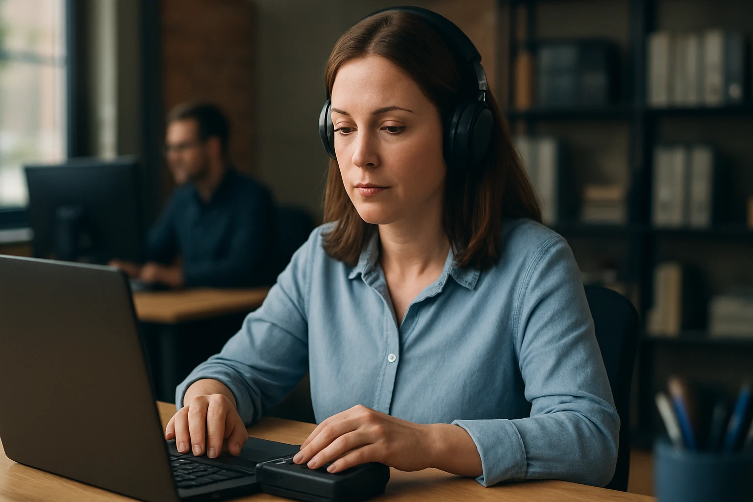 A woman wearing headphones focuses on her laptop in a modern office.