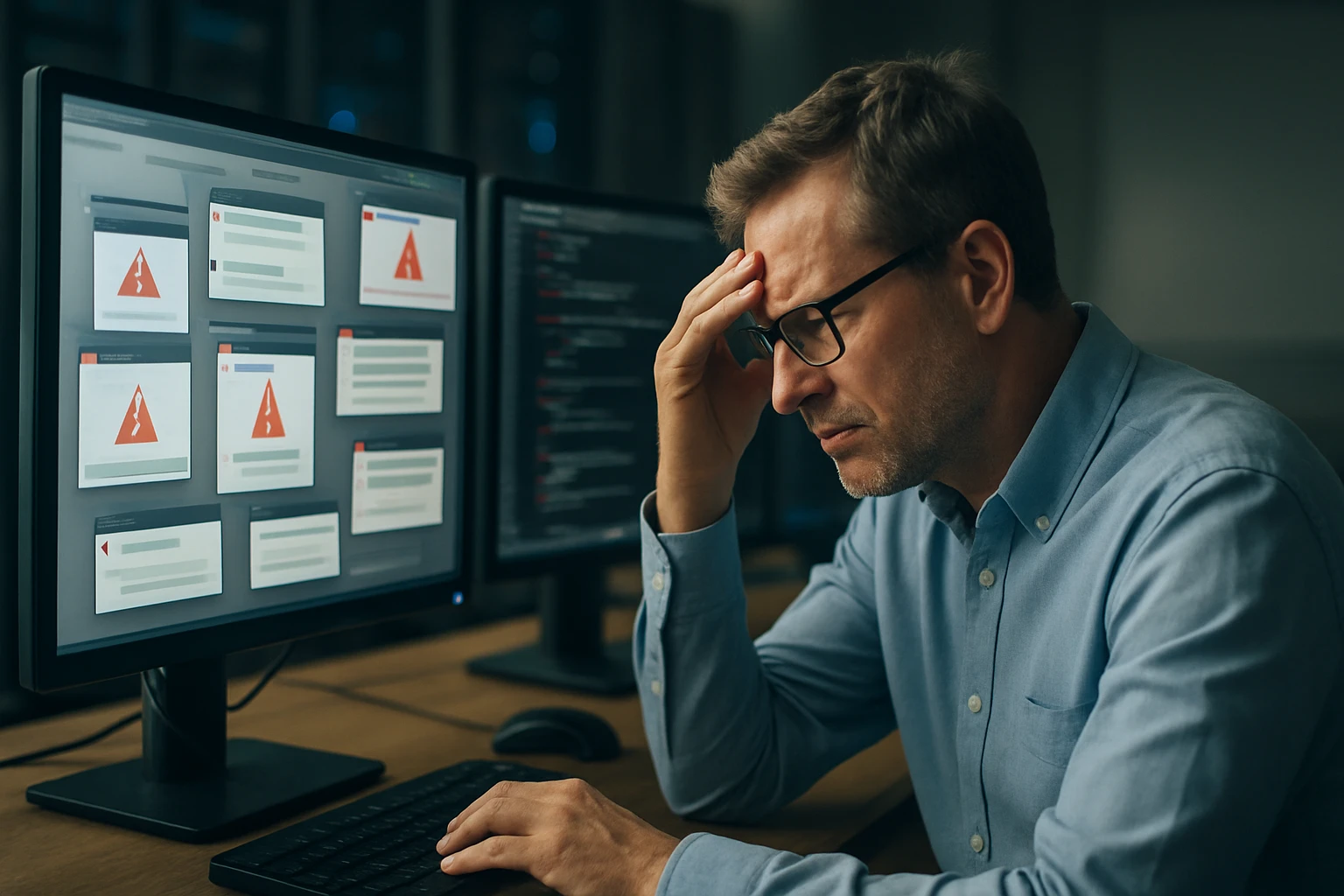 A stressed man in a blue shirt looks at multiple warning alerts on computer screens.