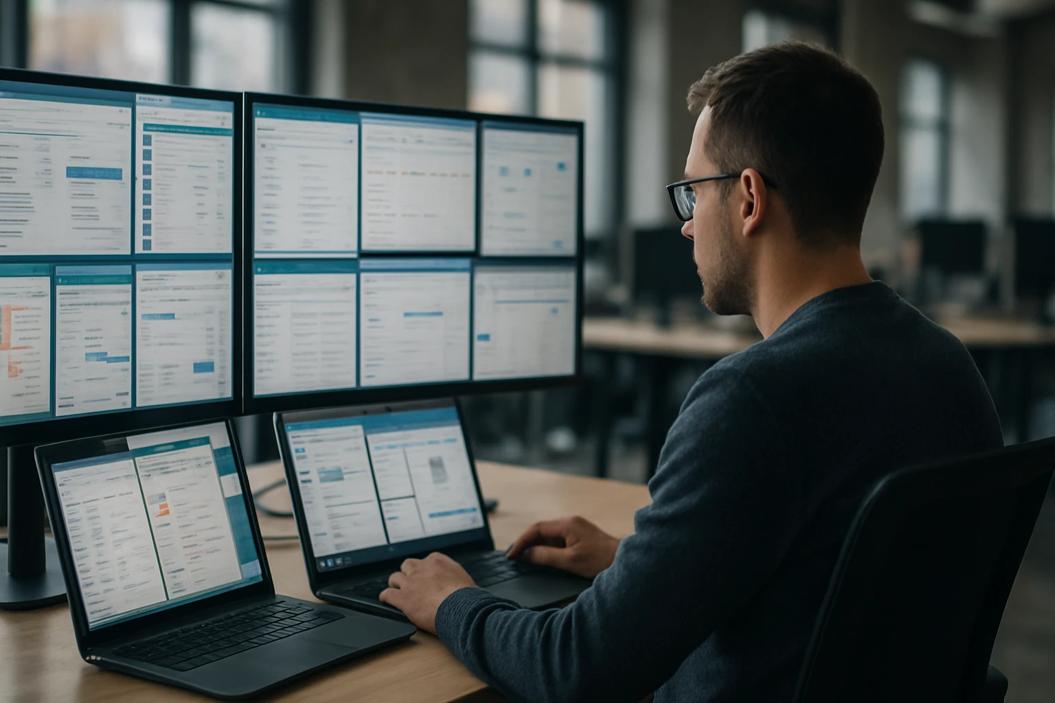 A man working on multiple screens in a modern office environment.