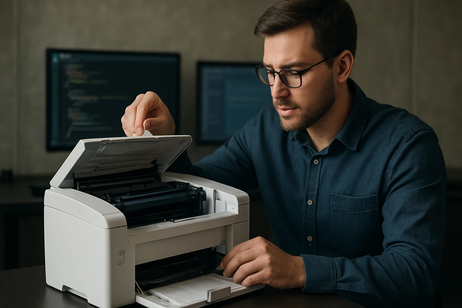 A man inspecting a printer, focused on its internal components.