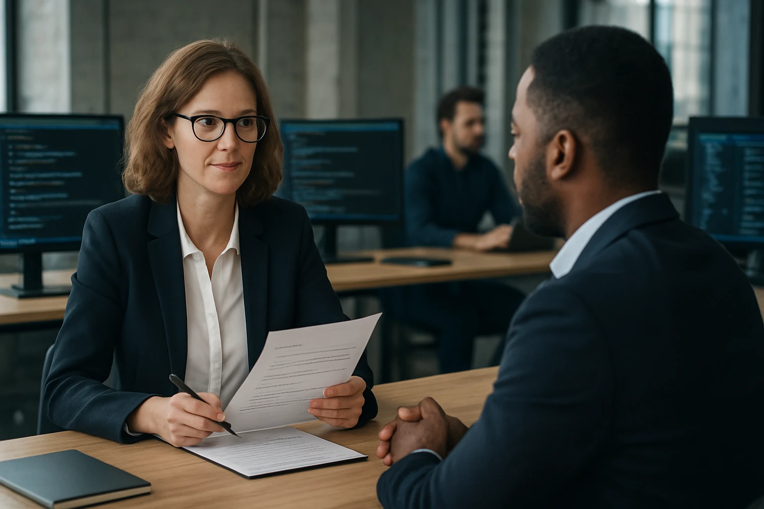 A woman in a suit interviews a man at a modern office desk.