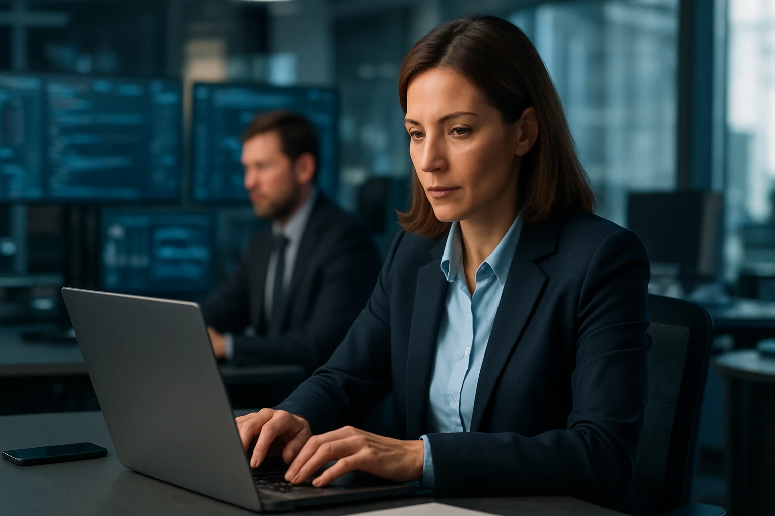 A focused woman in a suit working on a laptop in a tech office.