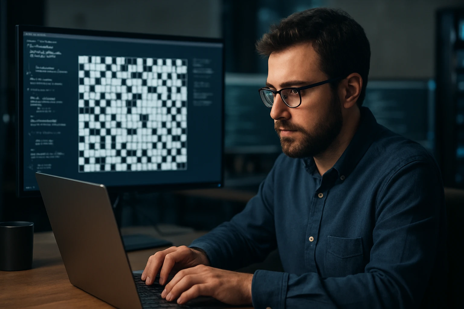 A focused man working on a laptop with a crossword puzzle displayed on a monitor.
