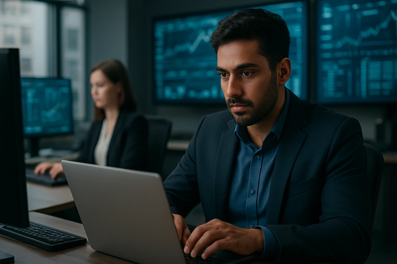 A focused man in a suit works on a laptop in a tech office with data screens.