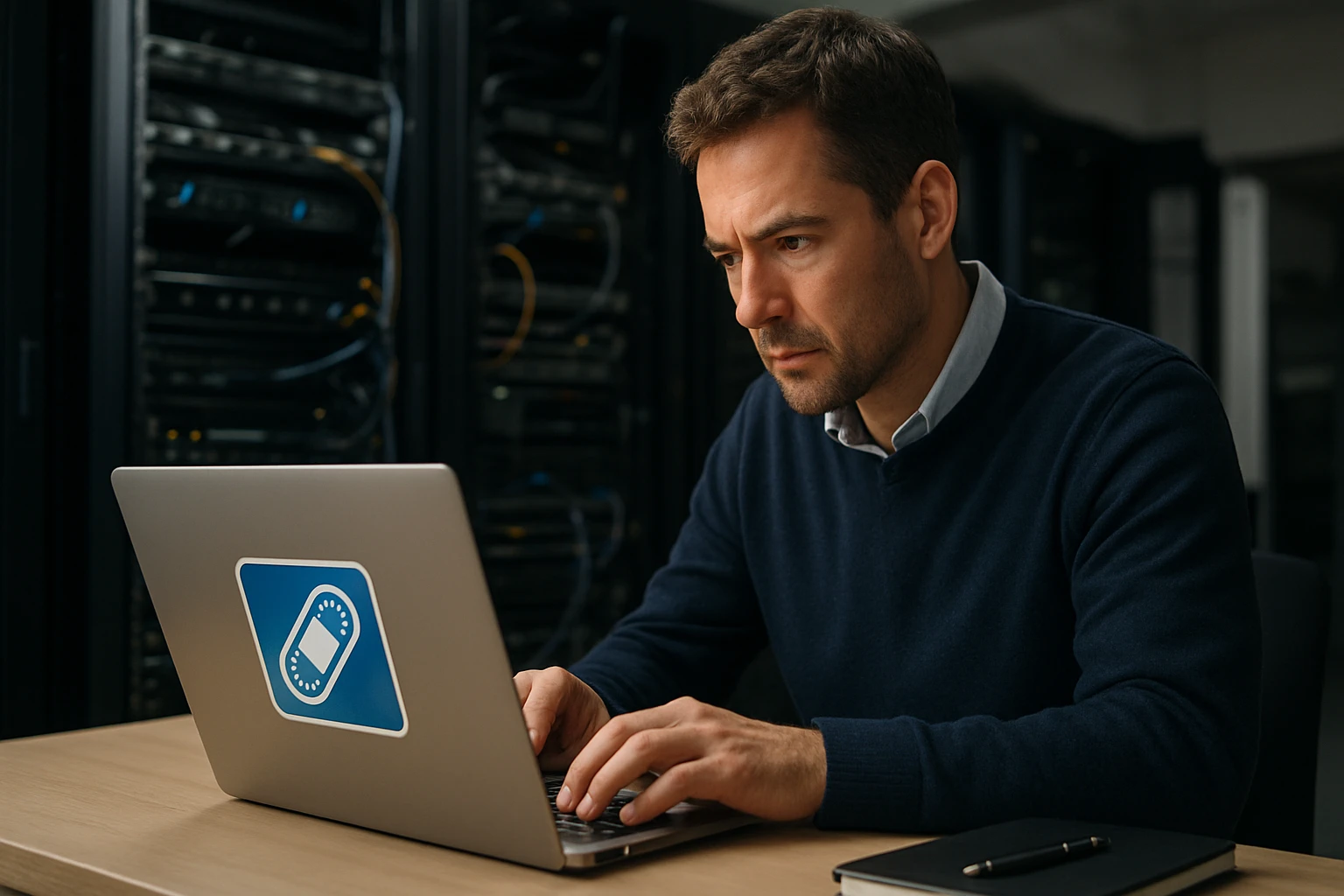 A focused man working on a laptop in a server room, analyzing data.