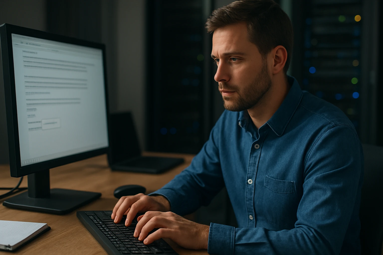 A focused man typing on a keyboard in a tech workspace with a computer screen.