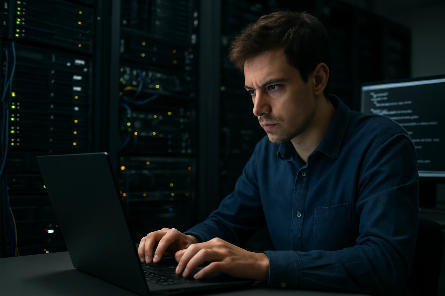 A focused man typing on a laptop in a server room filled with equipment.