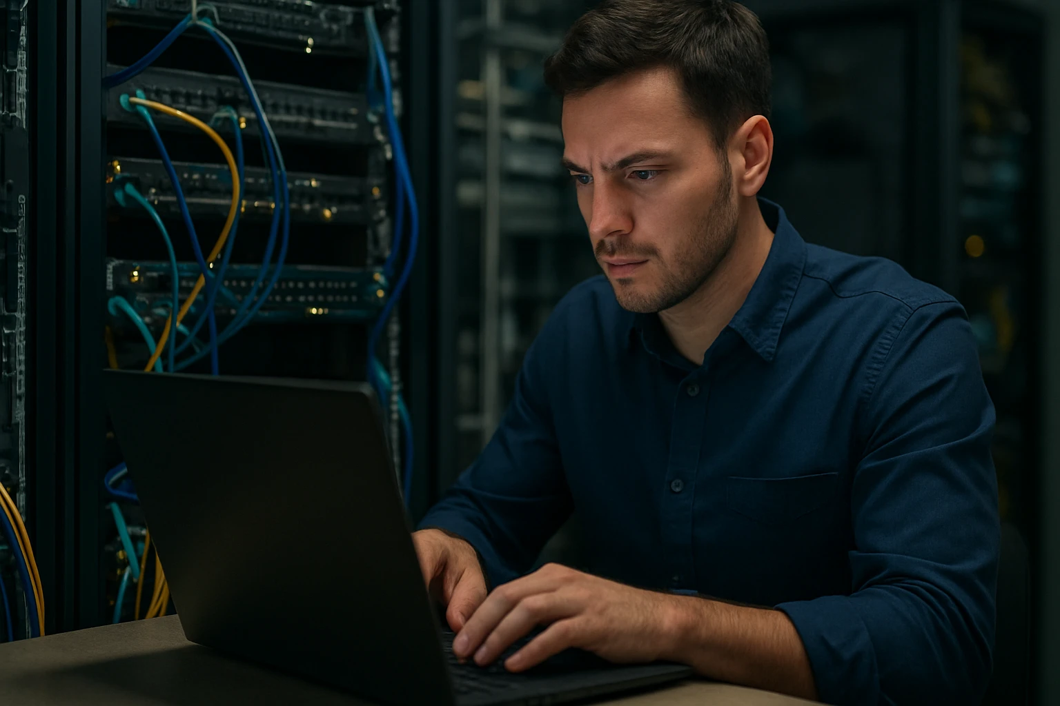 A focused IT professional working on a laptop in a server room.