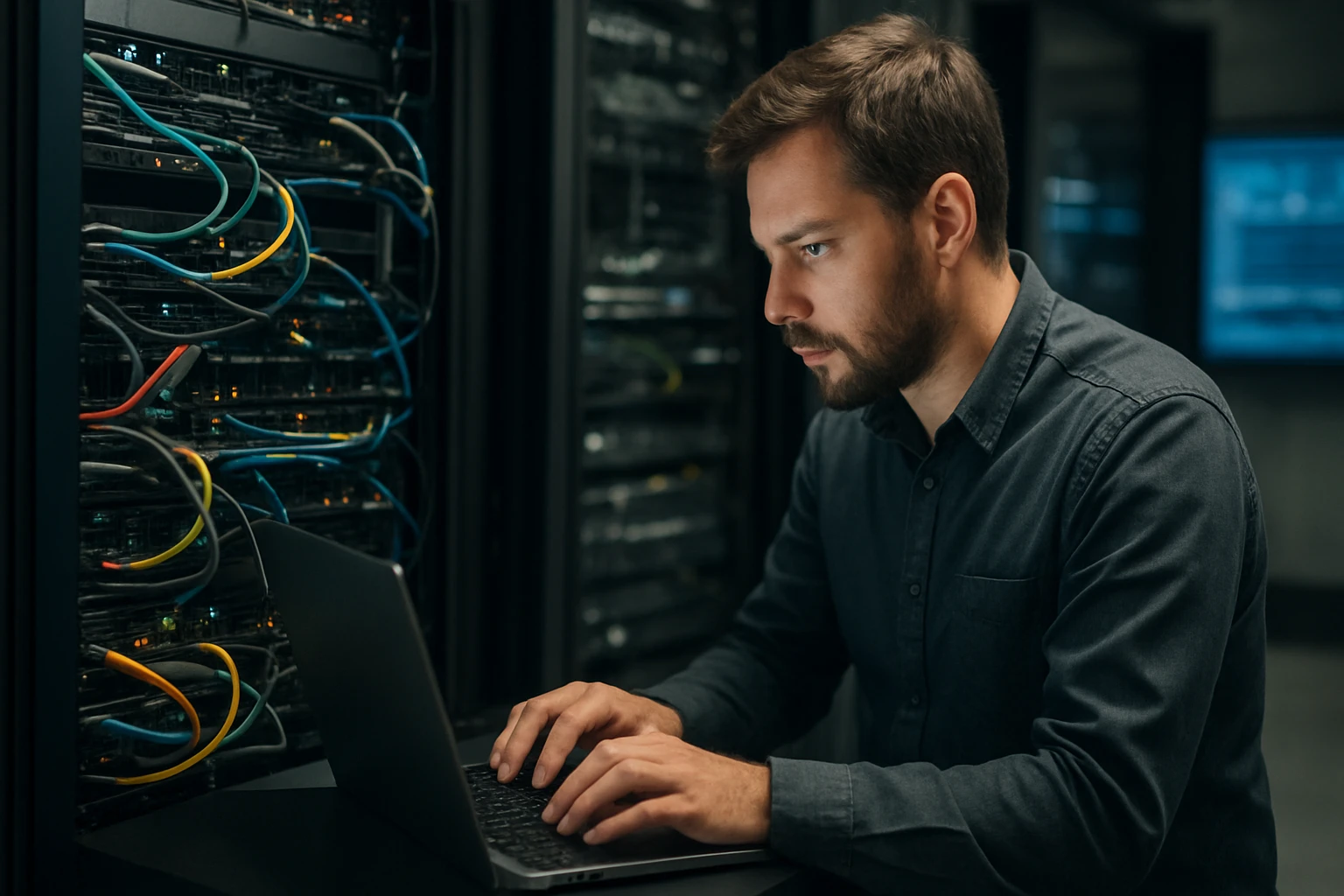 A focused man working on a laptop in a server room with colorful cables.
