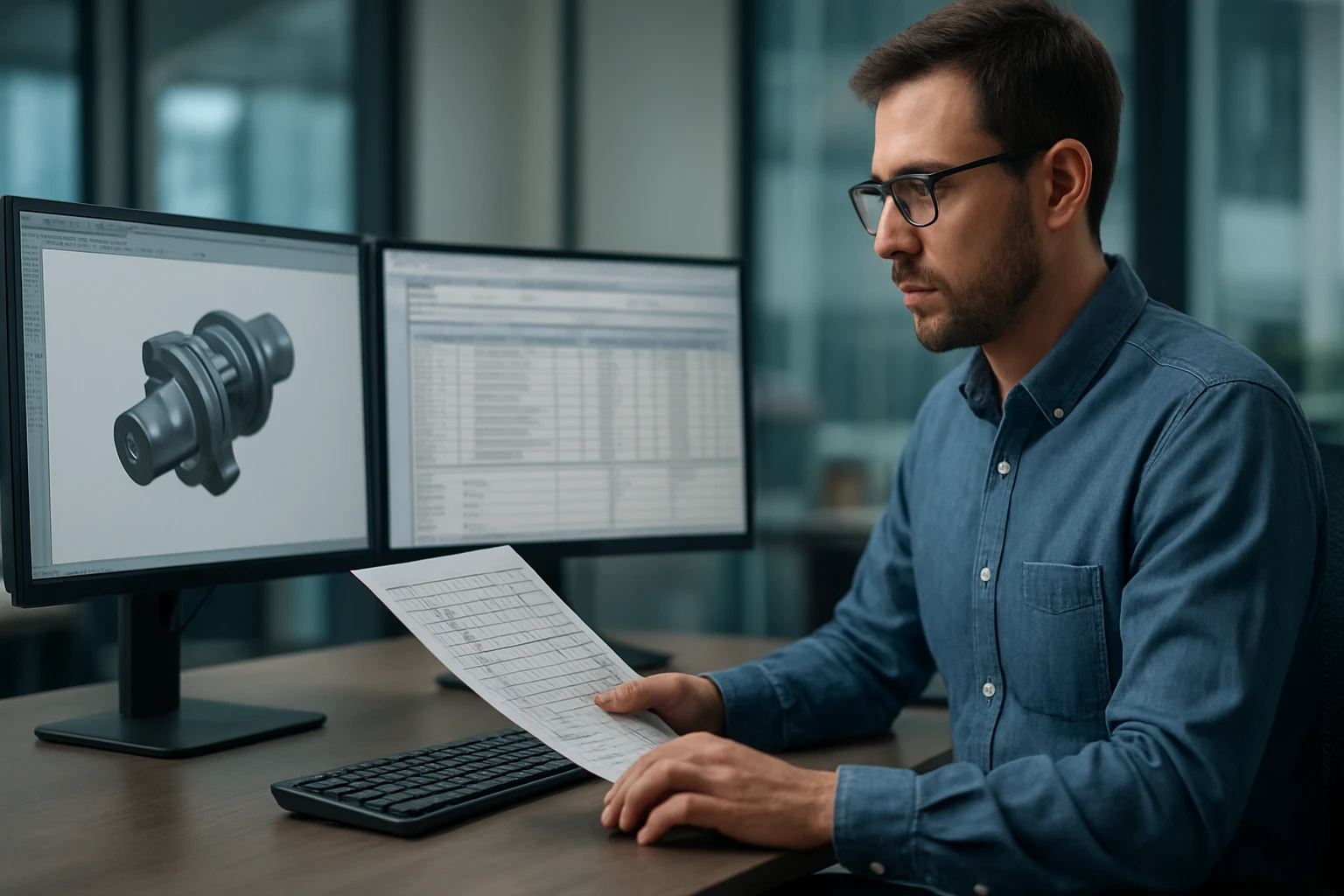 A man in a blue shirt analyzes technical drawings on dual monitors.