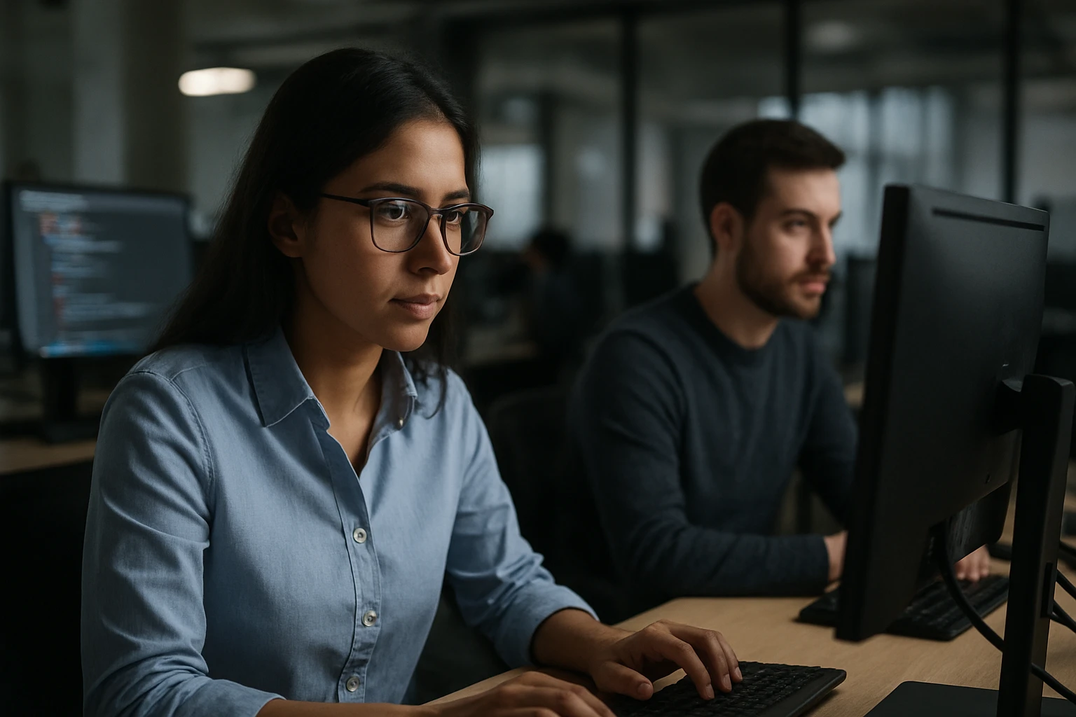 A focused woman in glasses working on a computer in a tech office.