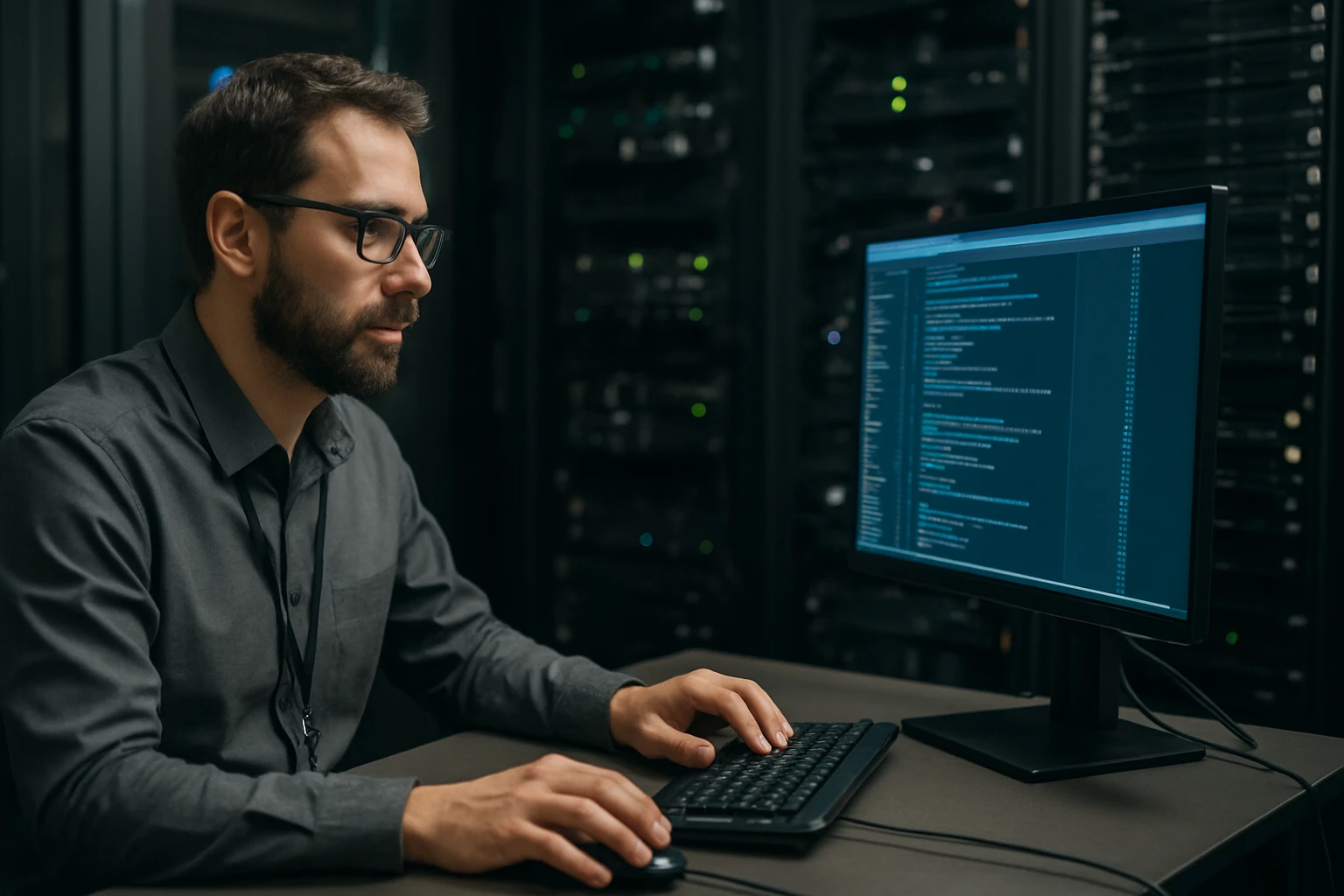 A focused IT professional working on a computer in a server room.
