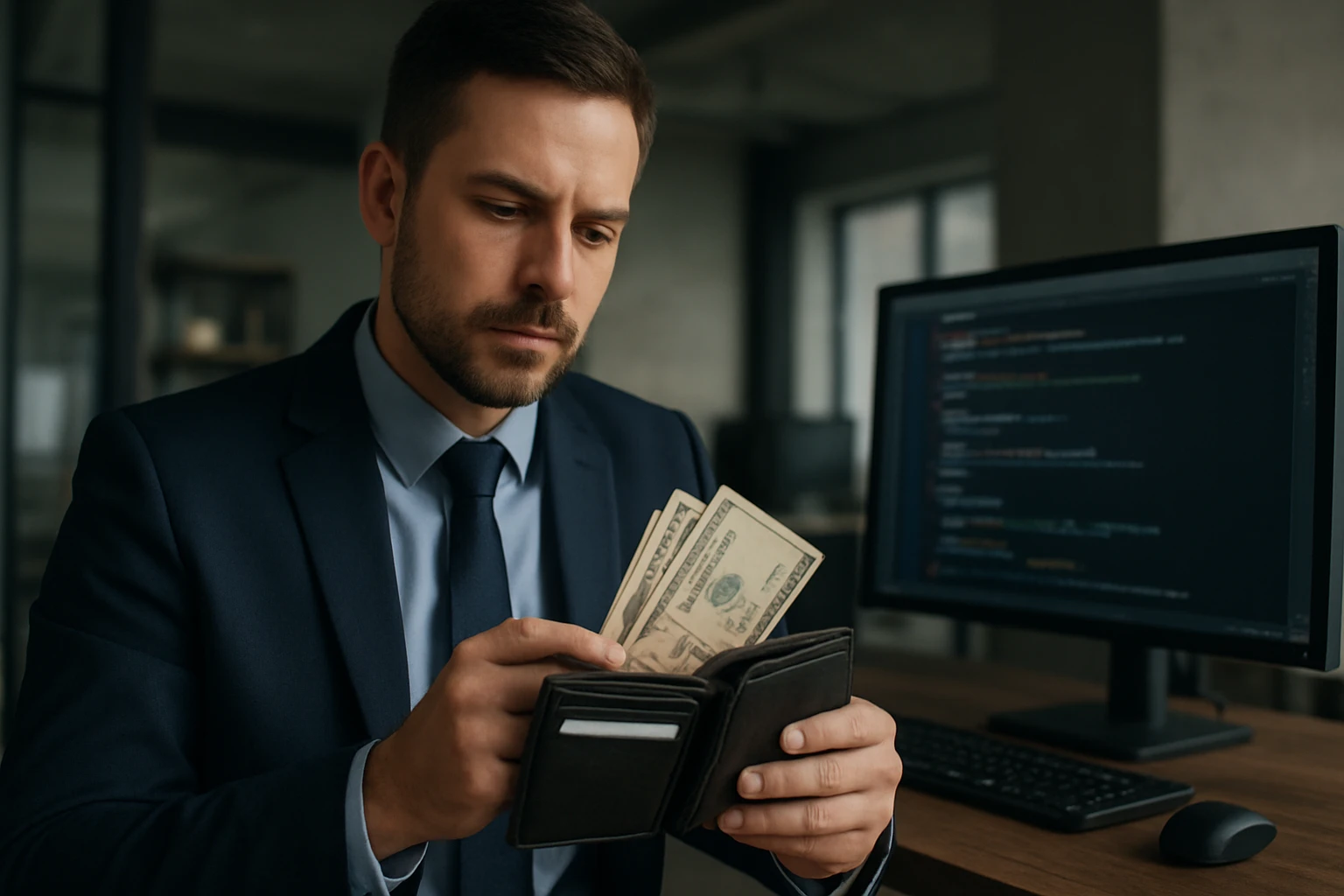 A man in a suit examines cash in his wallet while sitting at a desk.